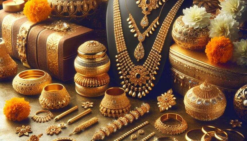 A vibrant gold jewelry display symbolizing the importance of gold investments during Diwali 2024.