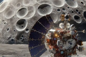 An artistic representation of NASA's Lunar Trailblazer mission exploring lunar water on the Moon's surface.