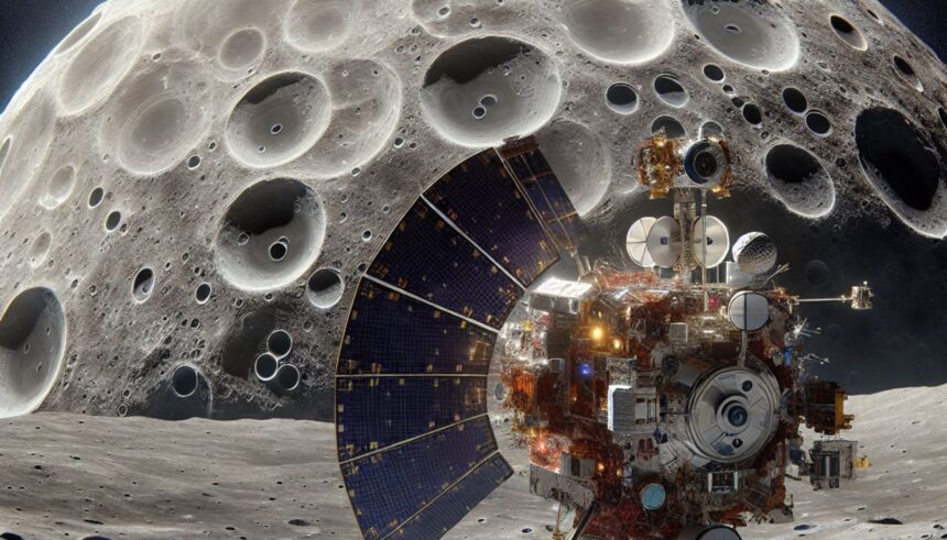 An artistic representation of NASA's Lunar Trailblazer mission exploring lunar water on the Moon's surface.