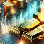 A conceptual representation of gold investment strategies during market dips, featuring gold bars, coins, and a fluctuating market graph.