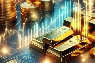 A conceptual representation of gold investment strategies during market dips, featuring gold bars, coins, and a fluctuating market graph.