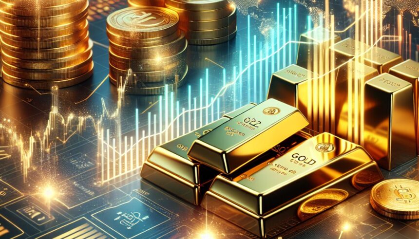 A conceptual representation of gold investment strategies during market dips, featuring gold bars, coins, and a fluctuating market graph.