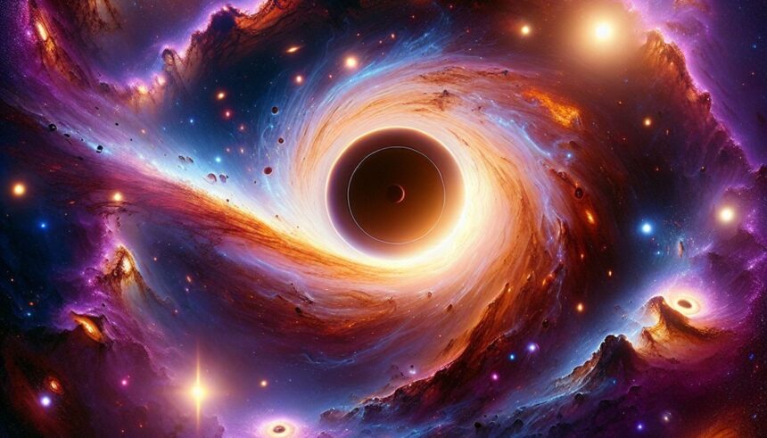 Illustration of supermassive black holes influencing galaxy formation, showcasing cosmic structure and dynamics.