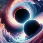 Illustration of orbiting black holes in the Cygnus constellation with a gas cloud showing light oscillations.