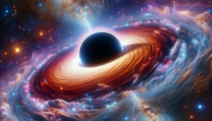 An artistic representation of a supermassive black hole in a dwarf galaxy, as observed by the James Webb Space Telescope.