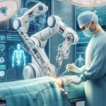 A surgeon operating a robotic surgery system with AI advancements improving patient outcomes