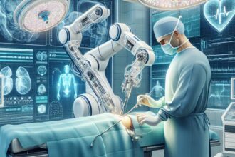 A surgeon operating a robotic surgery system with AI advancements improving patient outcomes