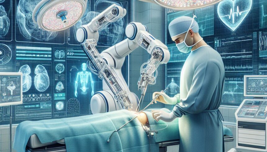 A surgeon operating a robotic surgery system with AI advancements improving patient outcomes