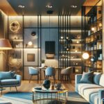 A modern living room showcasing smart home gadgets and automation technology.