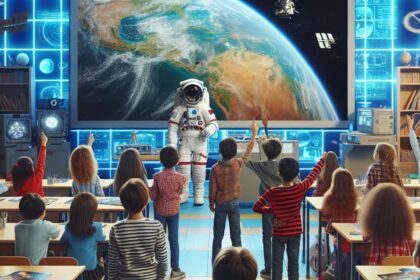 An astronaut interacting with students during a virtual Q&A about space exploration