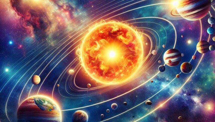 An artistic depiction of the solar system highlighting the gravitational influence of the Sun on various celestial bodies including planets and asteroids.