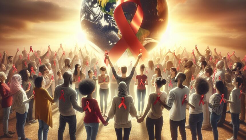 A diverse group of individuals holding hands with red ribbons, symbolizing unity and awareness for World AIDS Day 2024.