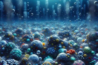 An underwater scene illustrating polymetallic nodules with dark oxygen emanating, showcasing oceanic research.