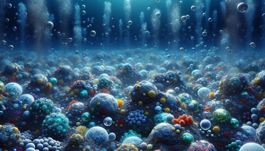 An underwater scene illustrating polymetallic nodules with dark oxygen emanating, showcasing oceanic research.