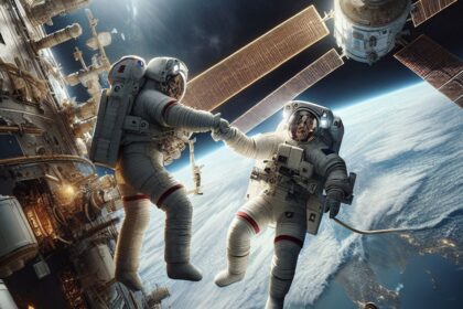 Astronauts Sunita Williams and Butch Wilmore conducting a spacewalk on the International Space Station (ISS)